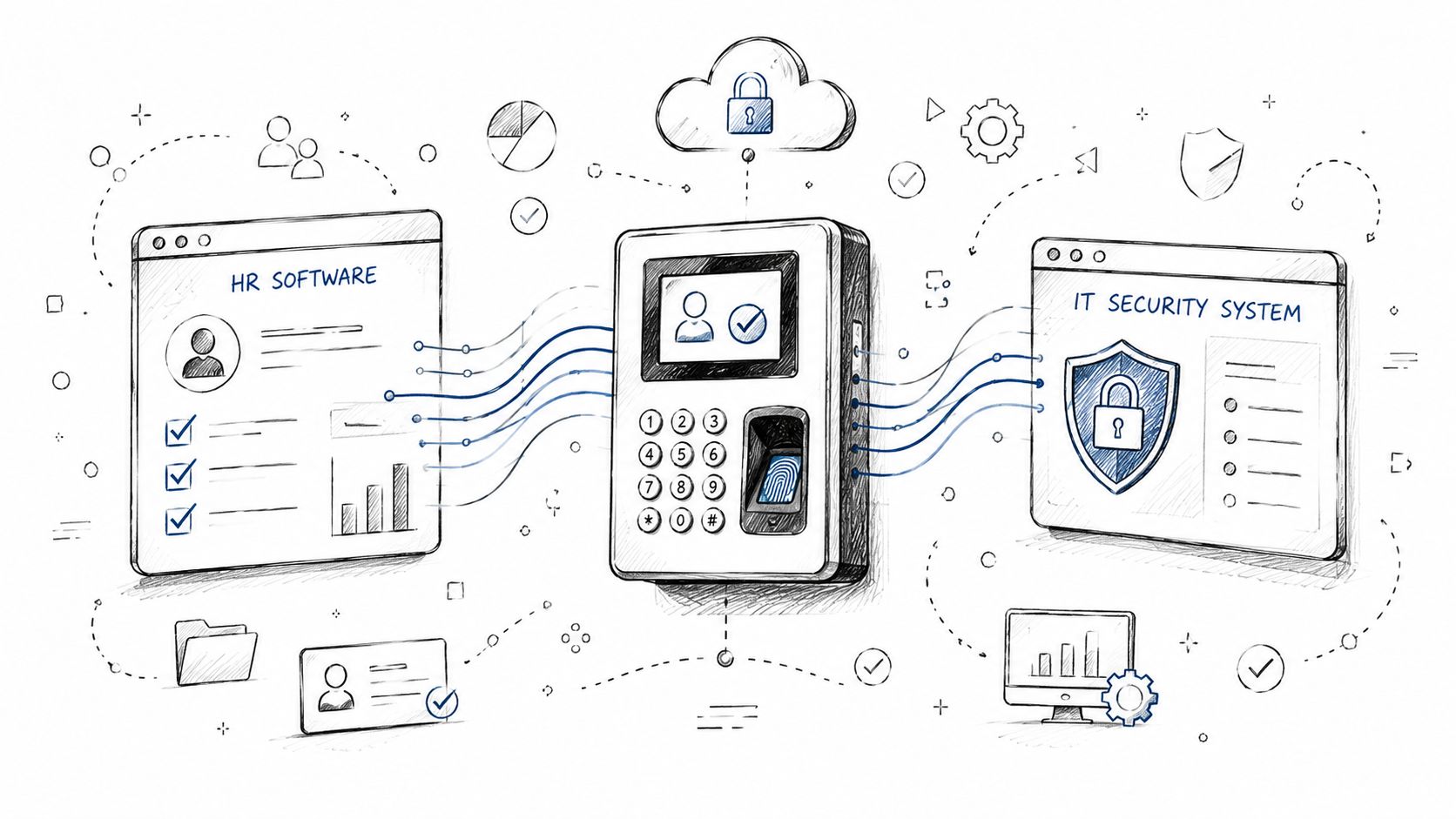 A conceptual illustration showing biometric device integration between HR software and an IT security system.