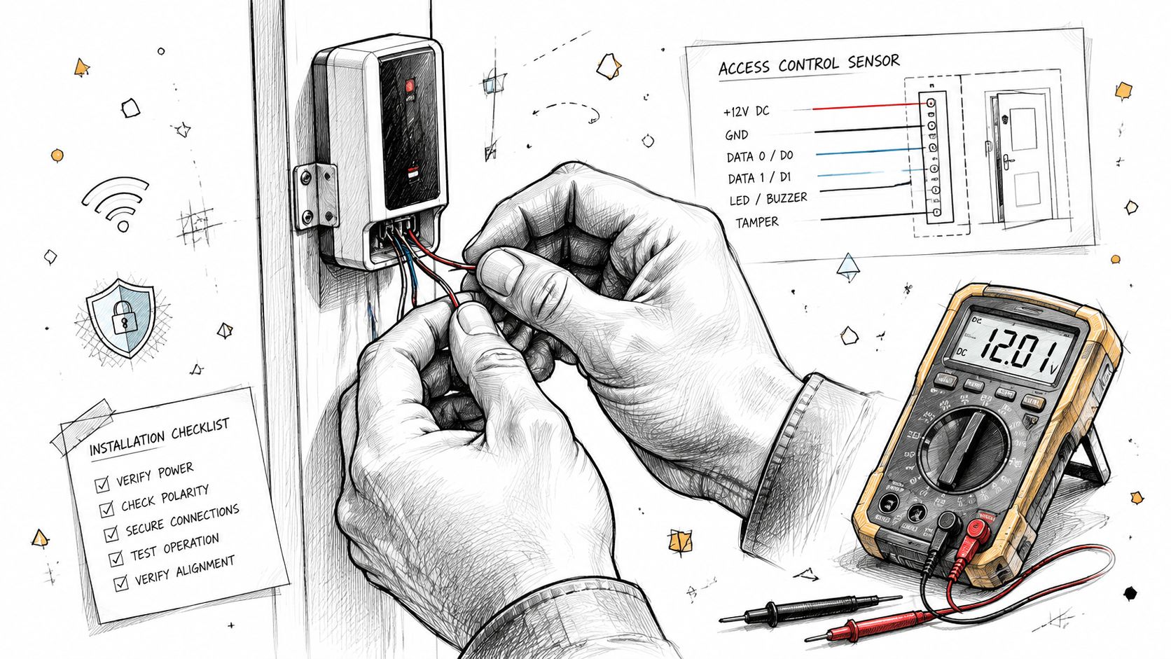 A technician testing wiring for an access control sensor using a multimeter with a checklist nearby.