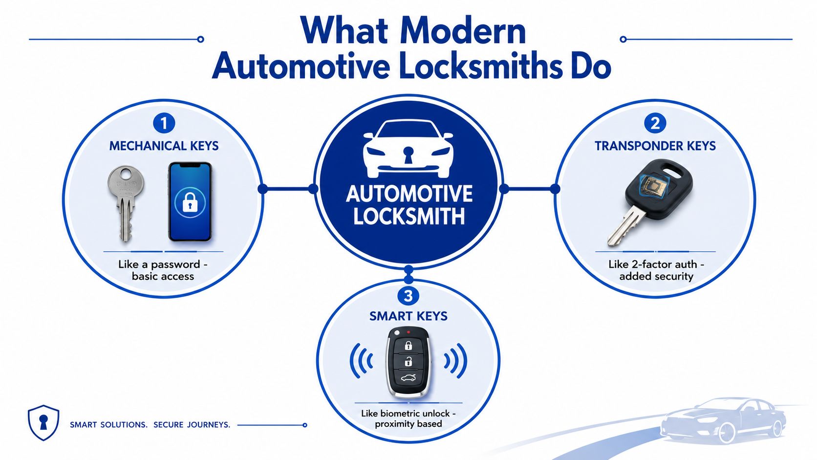 An infographic showing the three types of keys automotive locksmiths handle, including mechanical, transponder, and smart keys.
