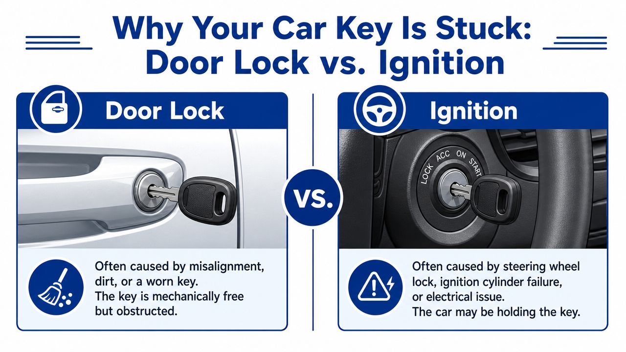A comparison chart explaining why a car key might get stuck in either the door lock or the ignition.