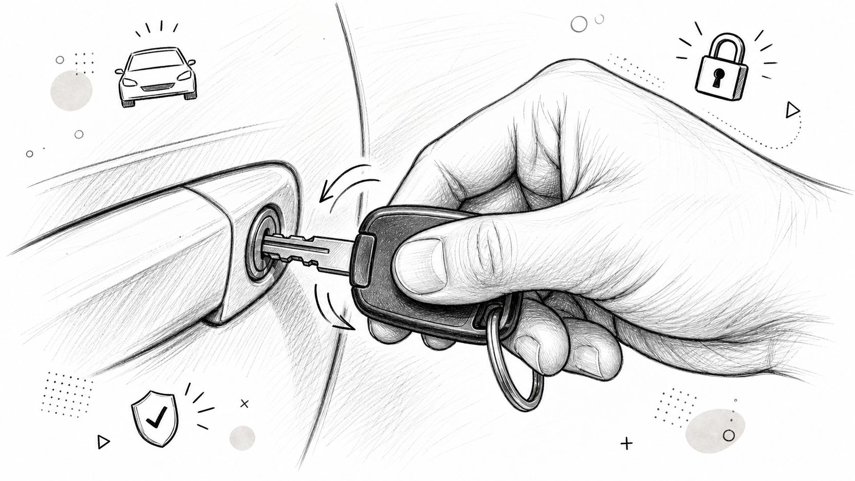 A hand using a car key to unlock a vehicle door with security symbols in the background.