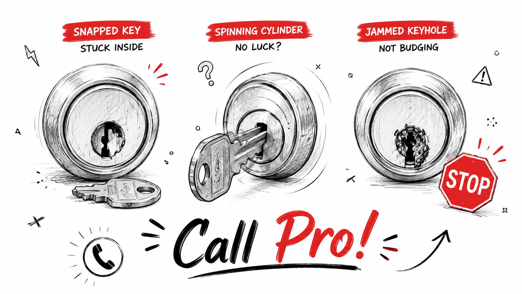 A diagram illustrating common lock issues like snapped keys, spinning cylinders, and jammed keyholes with professional help.