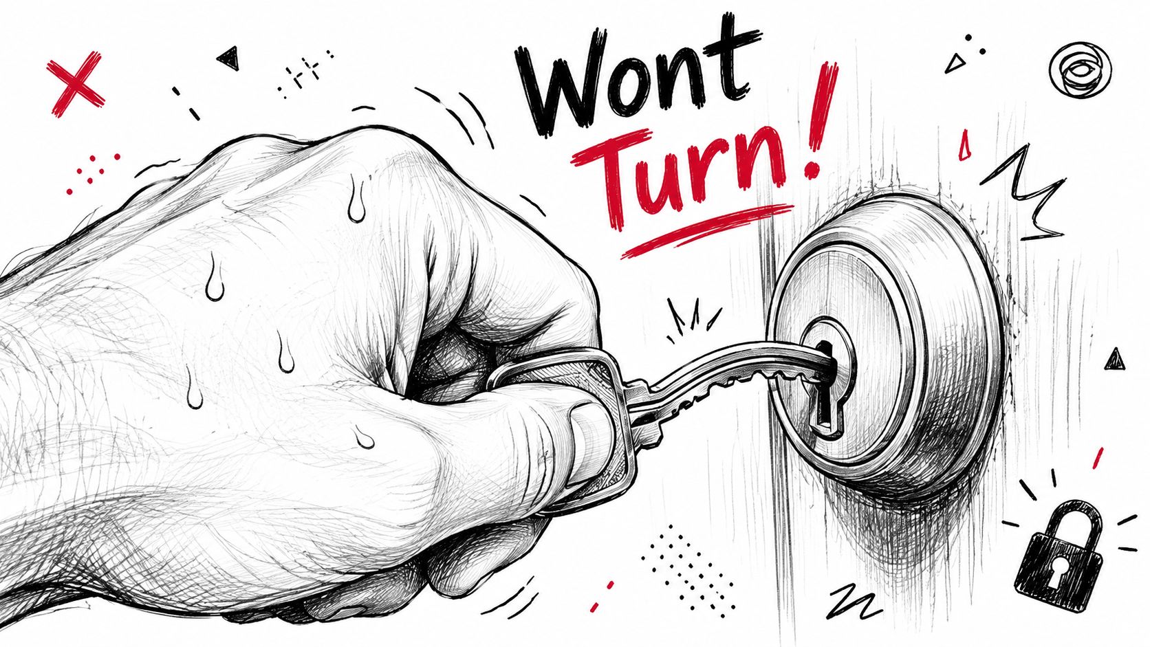 A hand holding a bent key stuck in a cylinder door lock with the text Wont Turn.