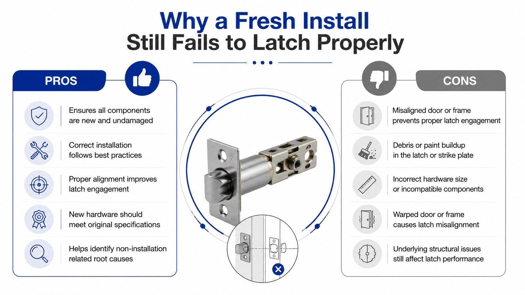 An infographic titled Why a Fresh Install Still Fails to Latching Properly, listing pros and cons for door locks.
