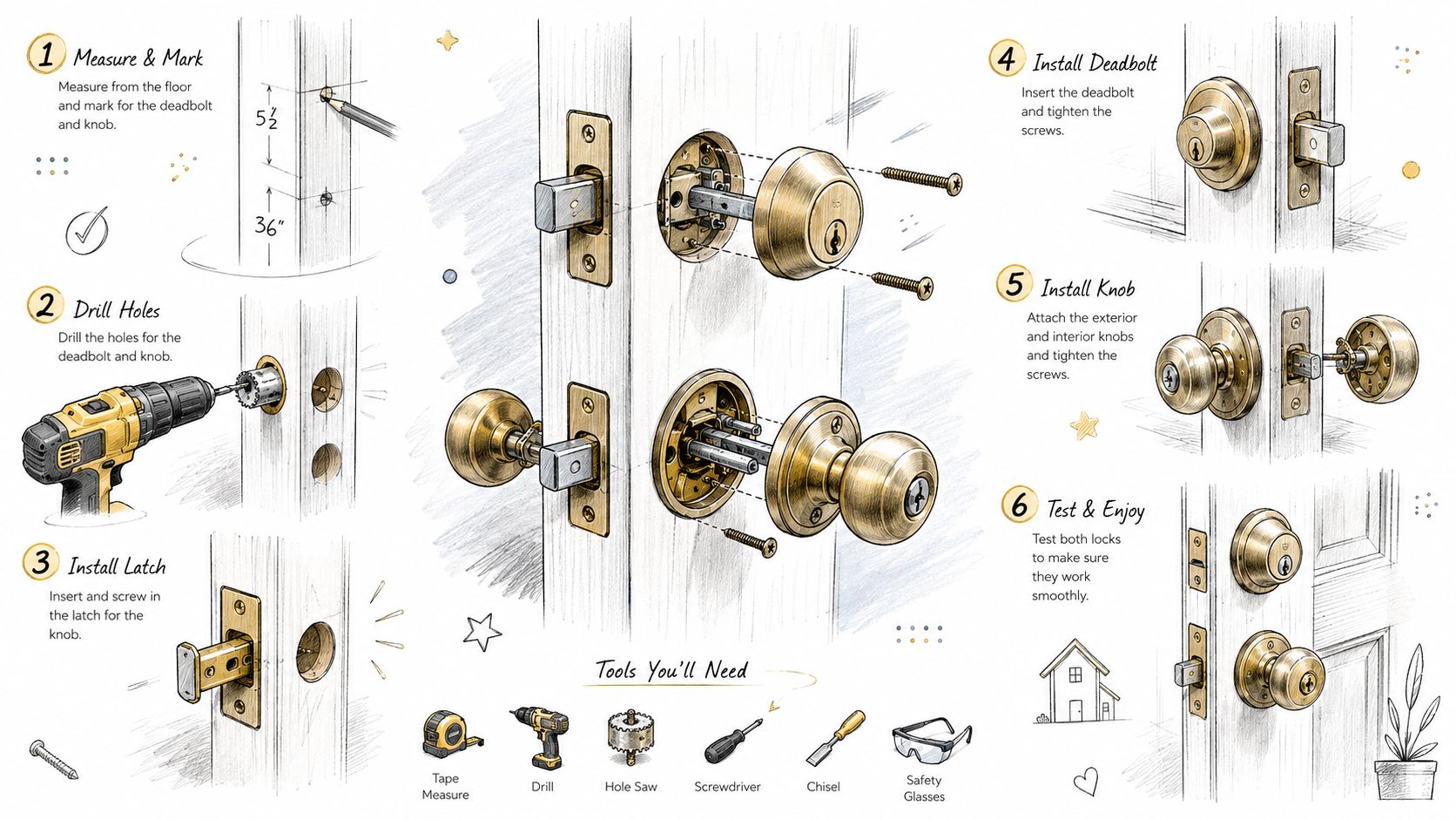 An illustrated step-by-step guide showing how to install a deadbolt lock and door knob on a door.