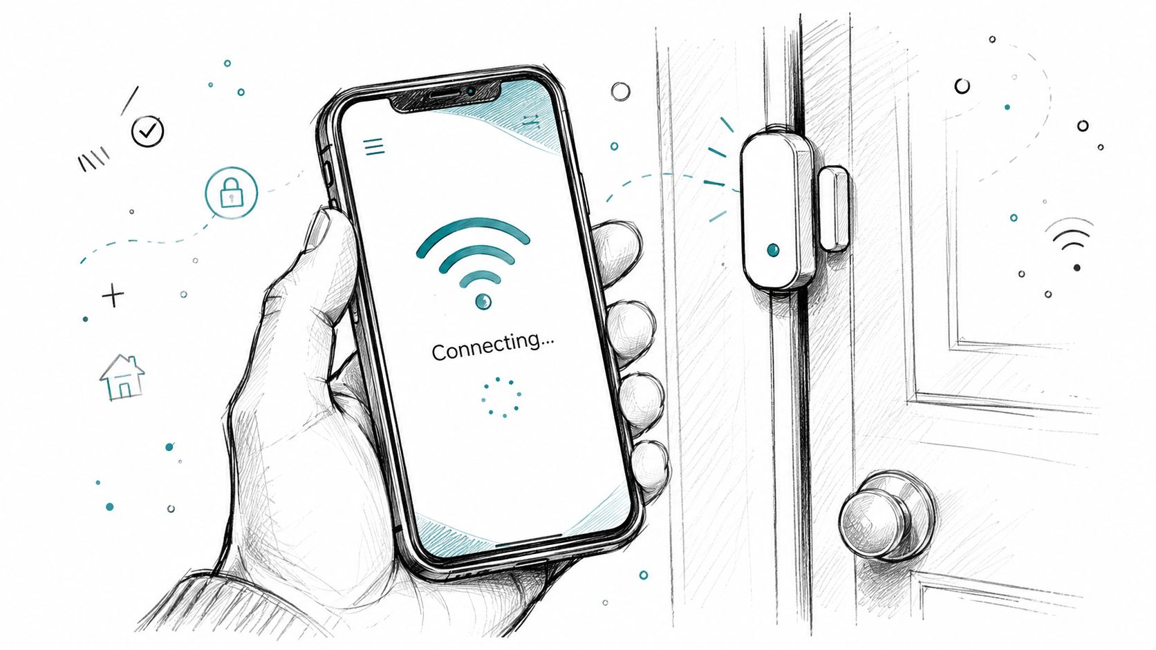 A hand holding a smartphone connecting to a smart door sensor installed on a home entrance.