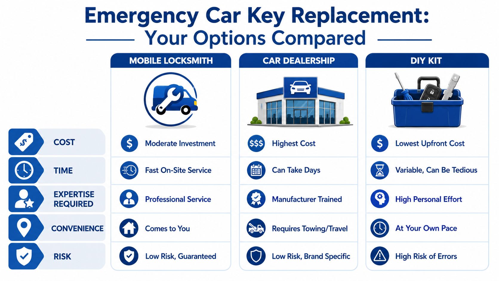 A comparison chart showing the costs, time, and risks of emergency car key replacement options.