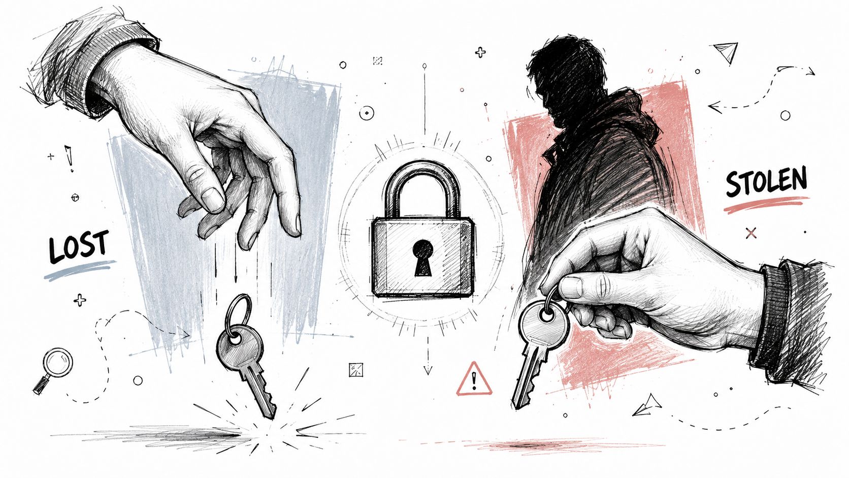 A conceptual illustration showing a key dropped on the left and a hand holding a key on right.