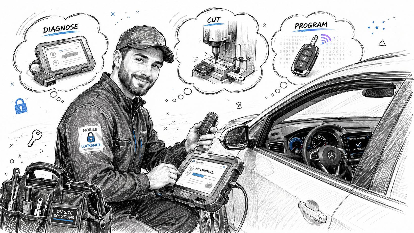 A professional mobile locksmith programming a new car key fob while working on-site for a customer.