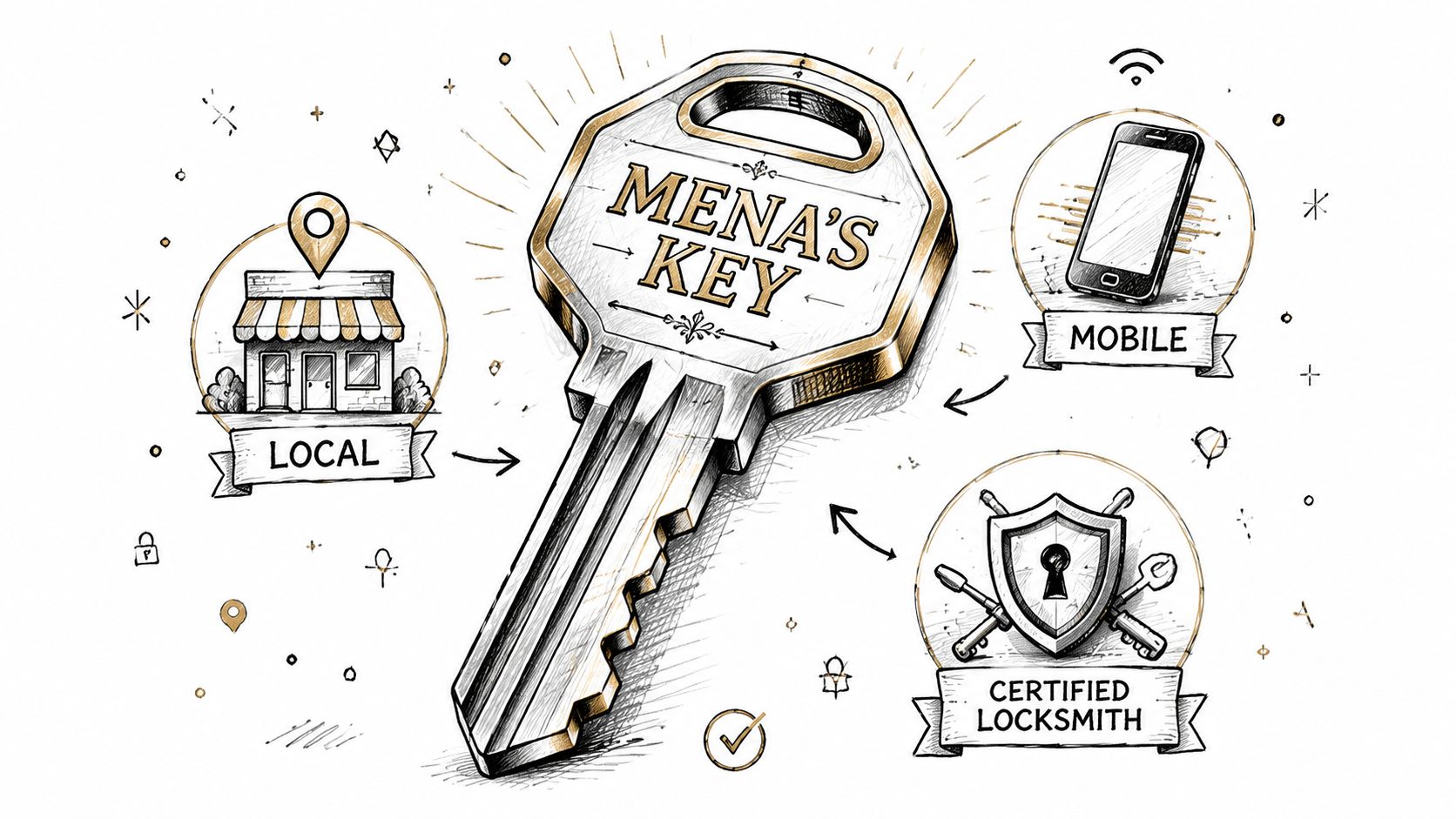 A hand-drawn illustration showing a key branded Mena's Key surrounded by icons for local, mobile, and locksmith services.