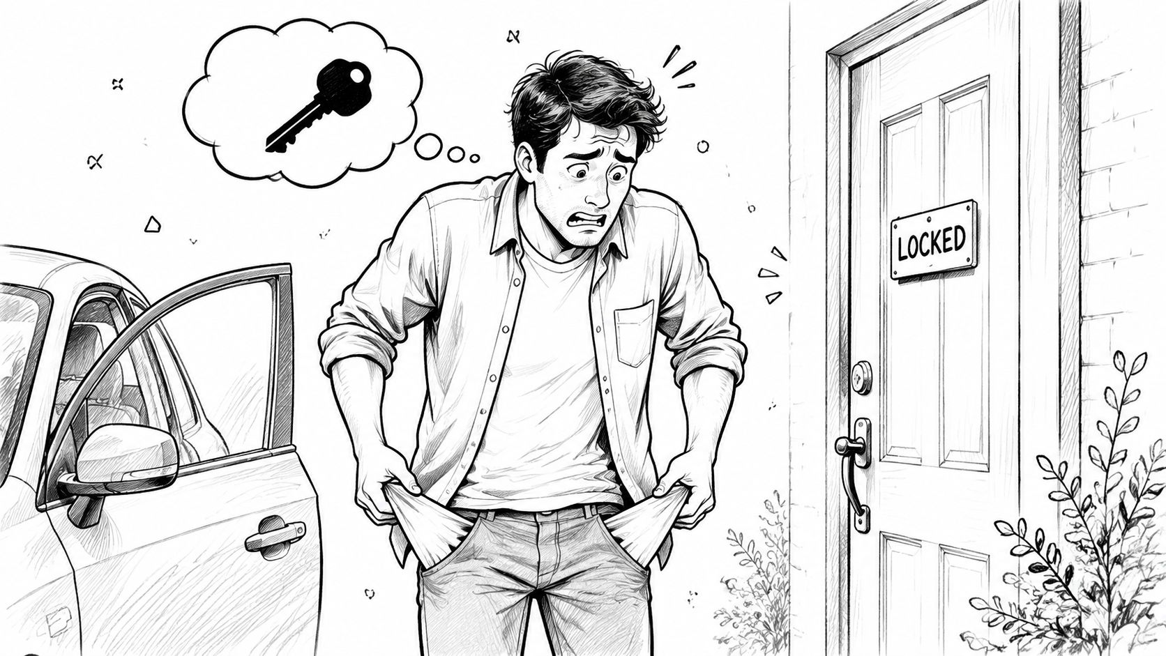 A distressed man standing outside a locked door with empty pockets, thinking about his missing house keys.