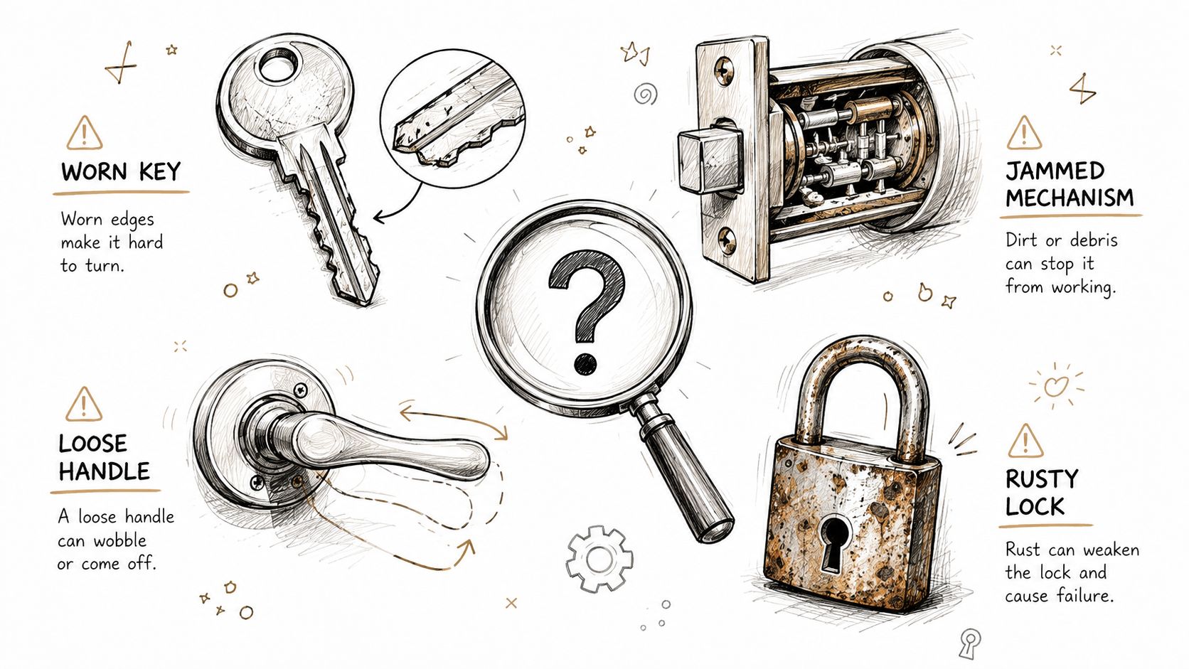 A hand-drawn illustration showing common lock problems like worn keys, jammed mechanisms, loose handles, and rusty padlocks.