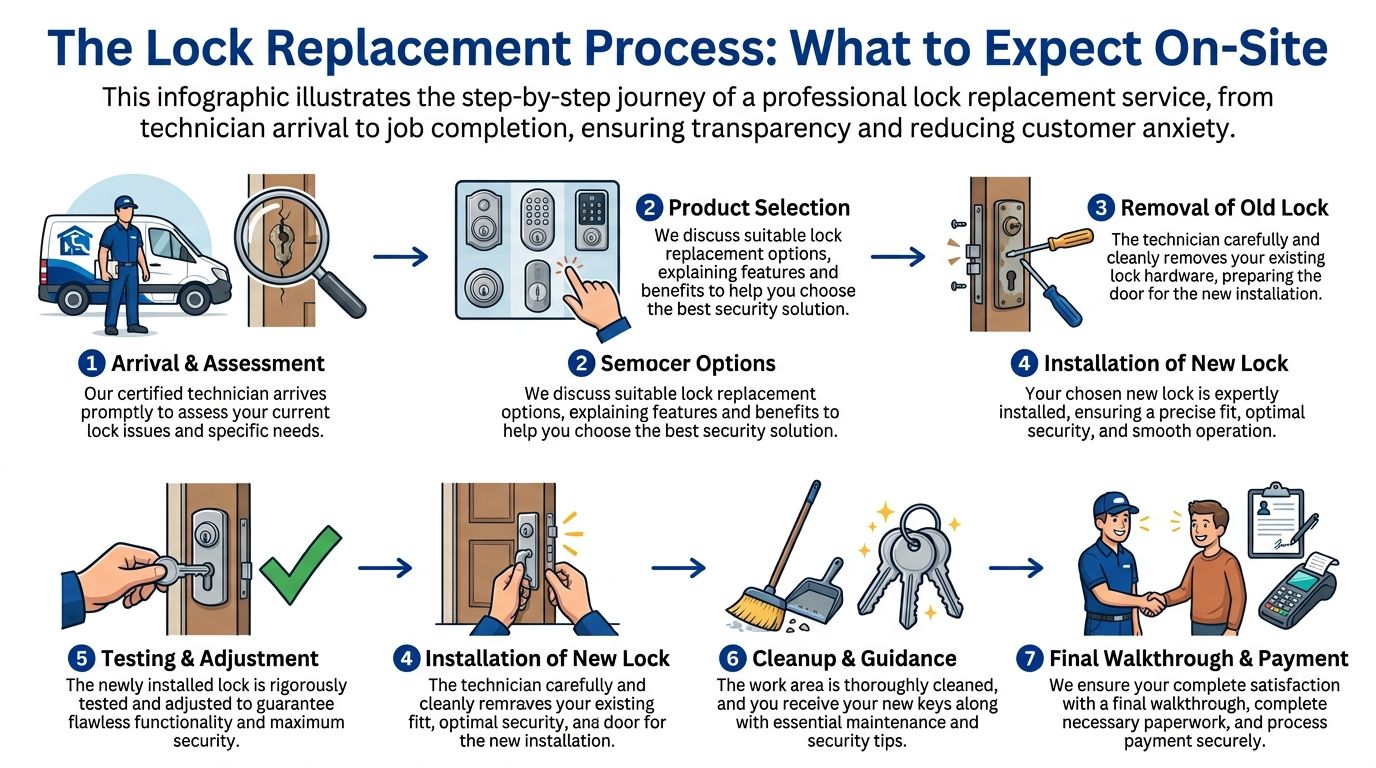 An infographic detailing the seven steps of a professional residential lock replacement service process.