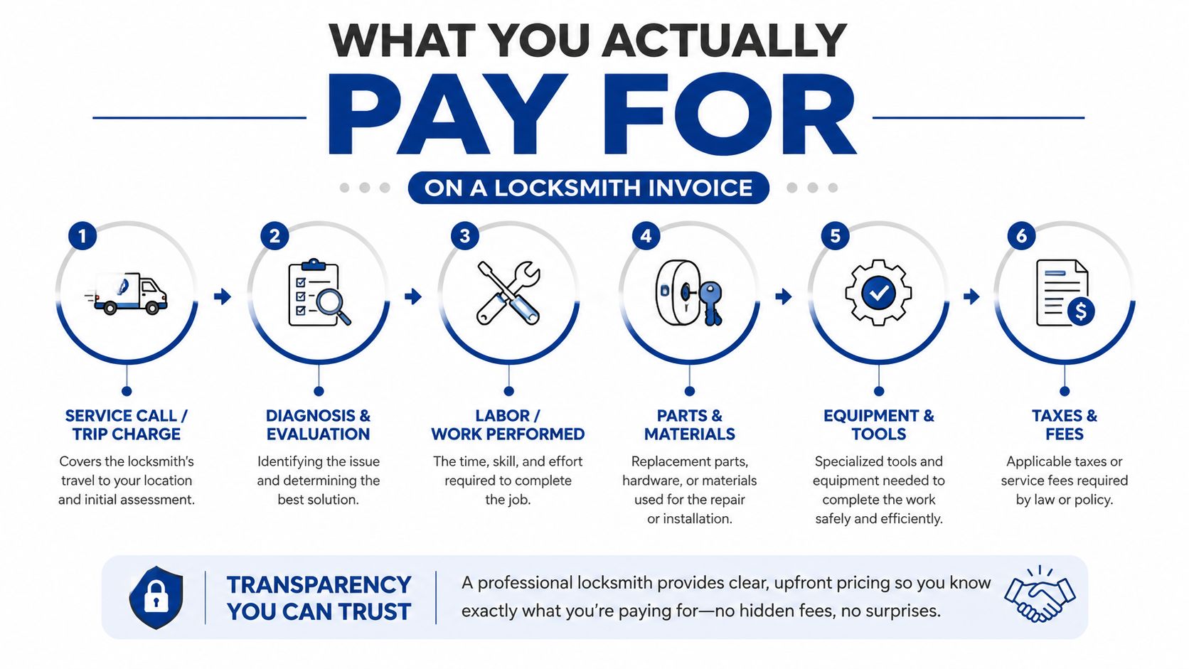 An infographic detailing the six components of locksmith pricing, including service calls, labor, parts, and professional fees.