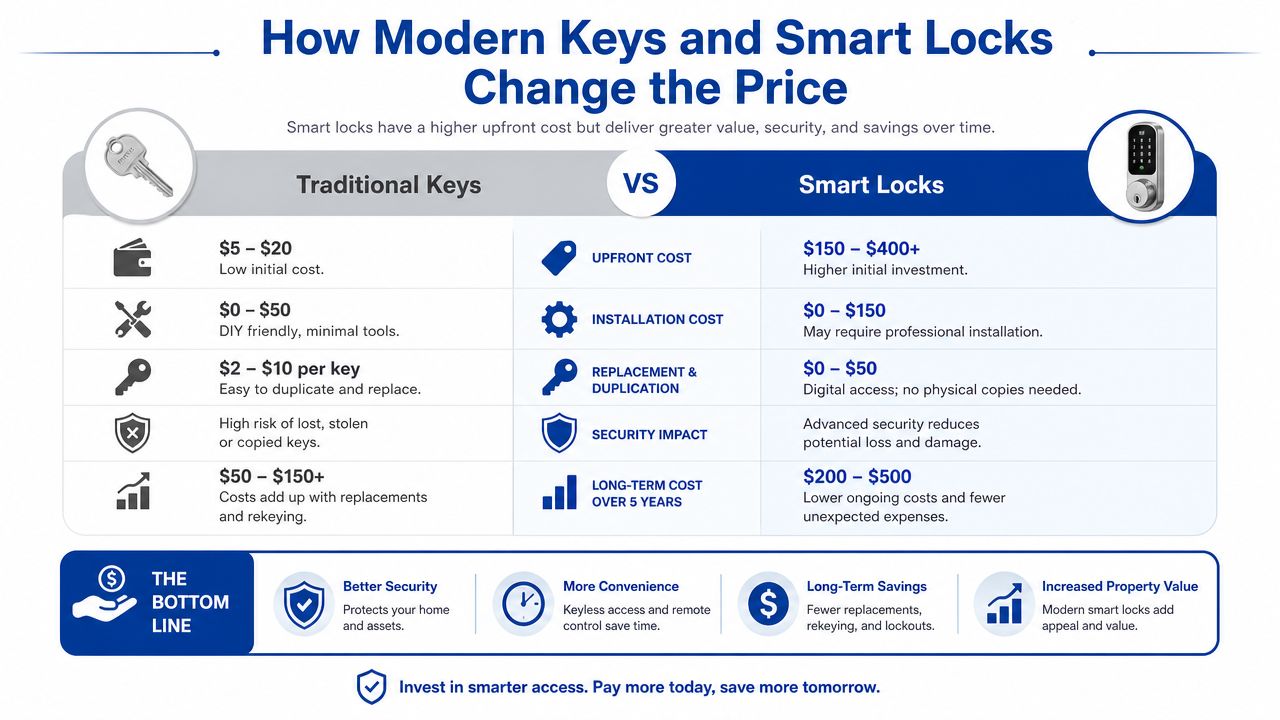 A comparison chart showing the costs and benefits of traditional keys versus modern smart locks.