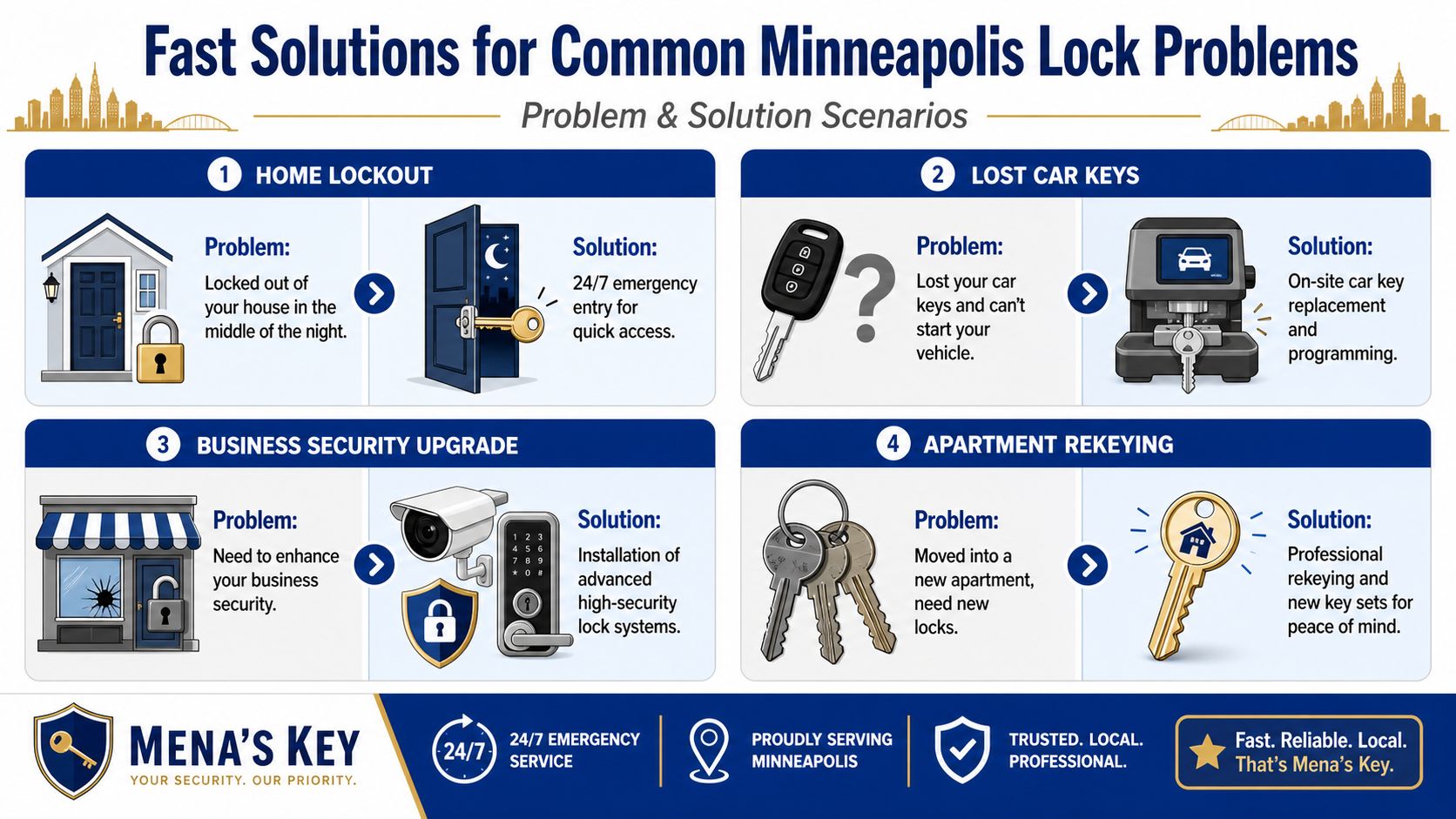 A professional infographic detailing common locksmith services available in Minneapolis, including emergency lockout and key replacement.