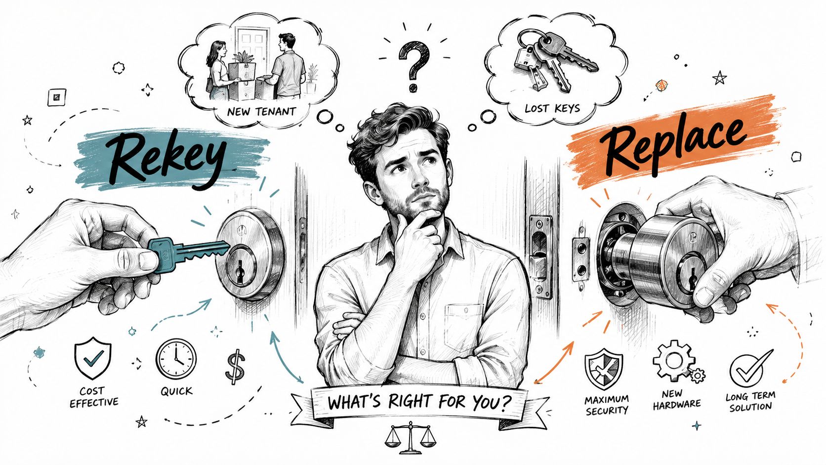 A man deciding between rekeying or replacing his door locks, illustrating the benefits of both options.
