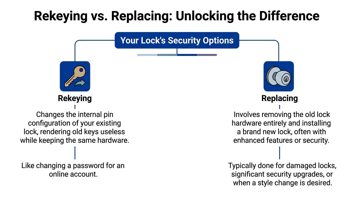 An infographic illustrating the differences between rekeying and replacing a door lock for home security.