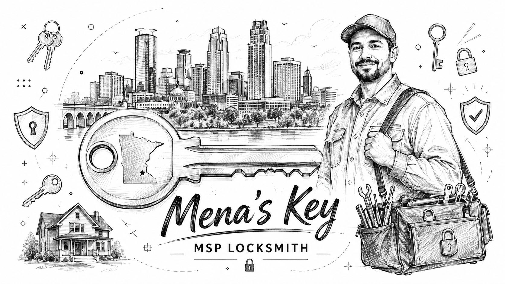 A professional locksmith standing in front of a Minneapolis skyline illustration featuring keys and house icons.