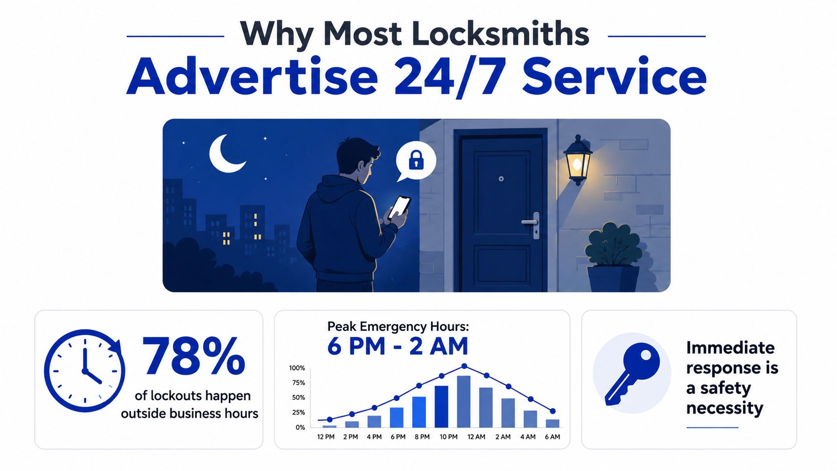 An infographic explaining why most locksmiths provide 24/7 services due to frequent after-hours lockouts and safety needs.