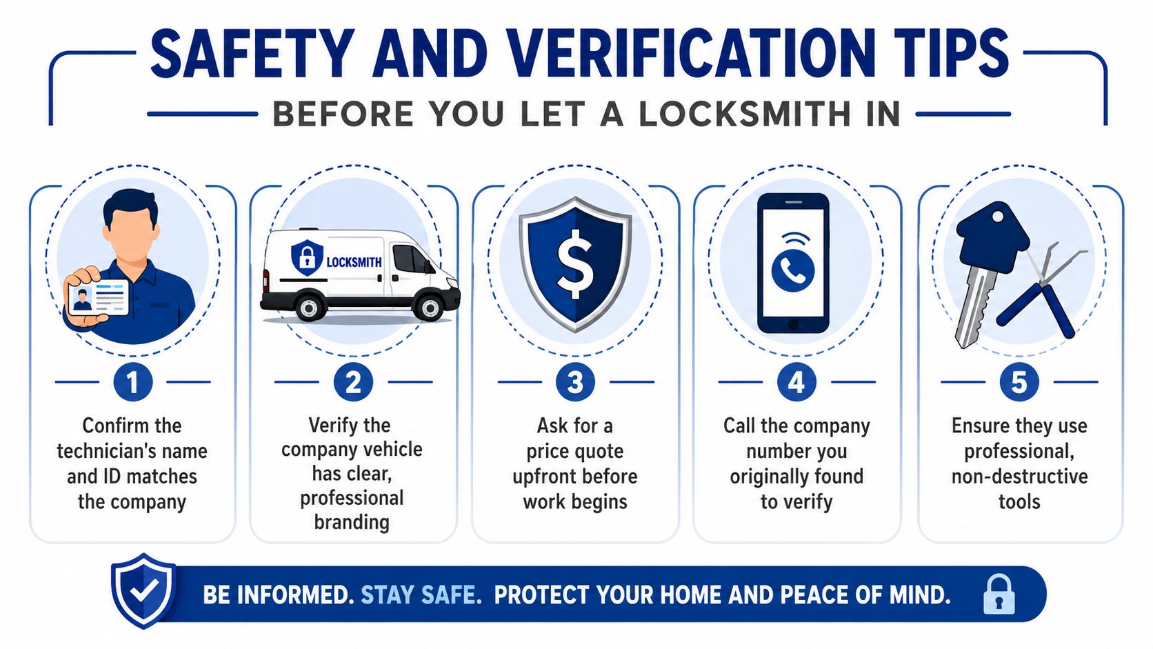 A safety infographic showing five tips for verifying a professional locksmith before letting them into your home.