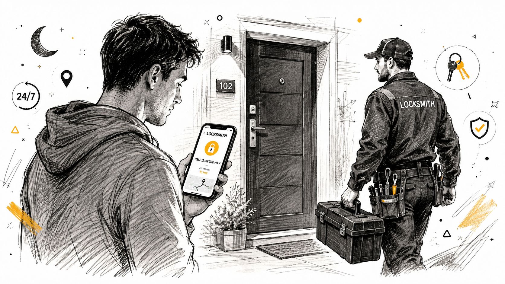 A person using a smartphone to request a 24/7 locksmith who is arriving with tools.