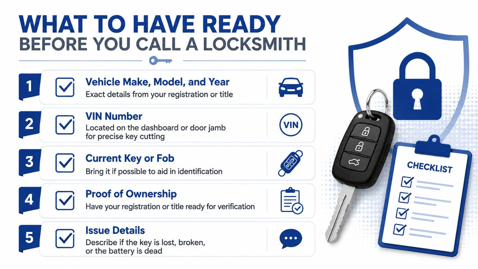 A checklist infographic listing five essential items to prepare before calling an automotive locksmith service.