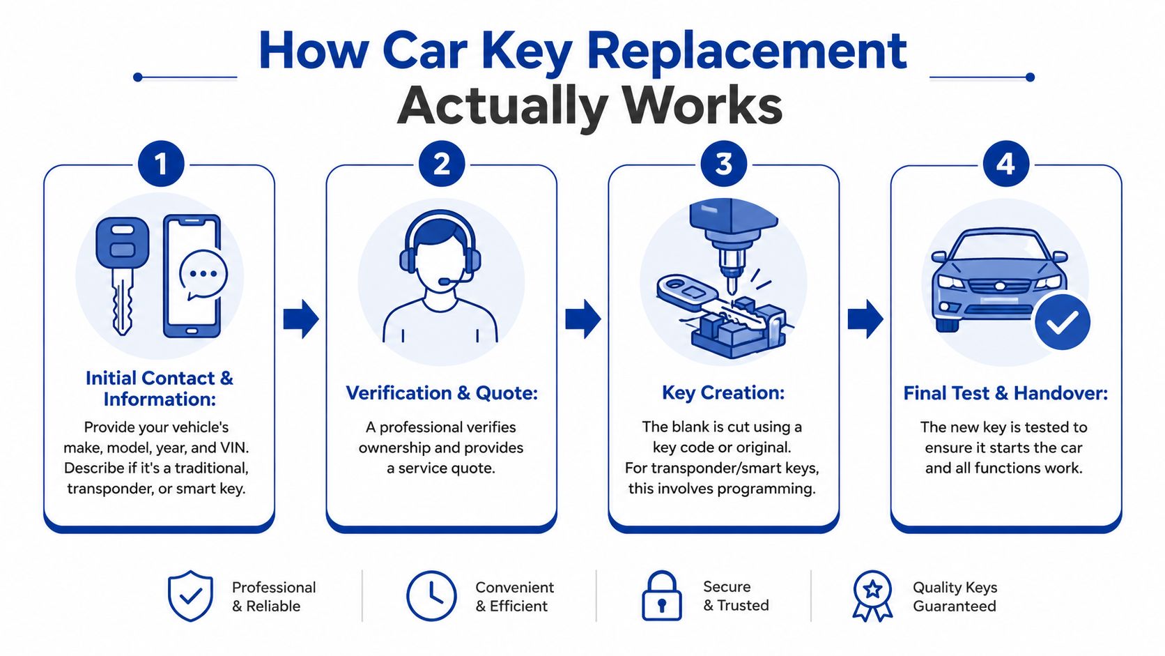 A four-step infographic illustrating the professional car key replacement process from initial contact to final testing.