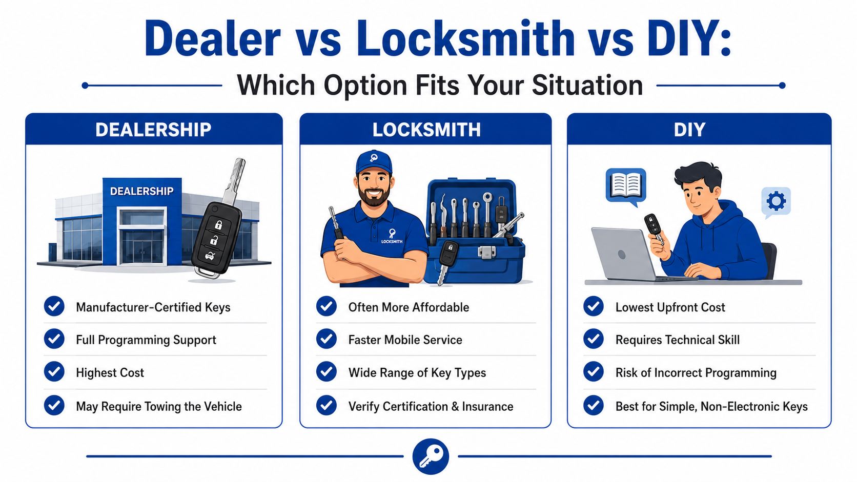 A comparison infographic showing the pros and cons of using a dealership, locksmith, or DIY for car keys.