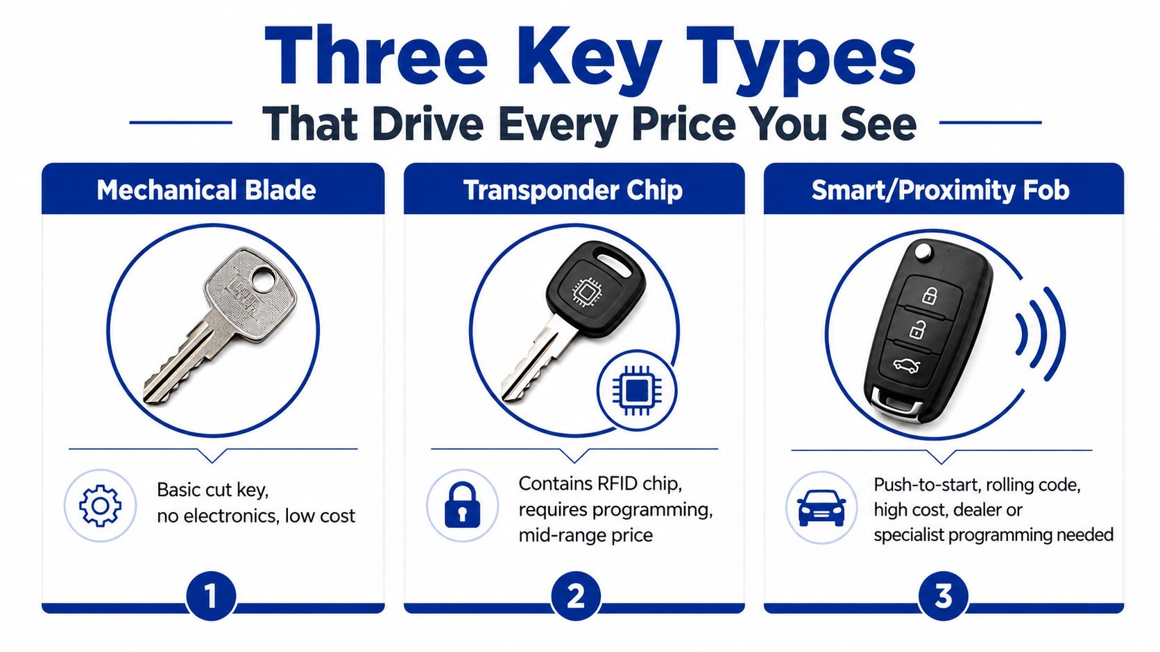 An infographic showing three types of car keys: mechanical blade, transponder chip, and smart proximity fob.