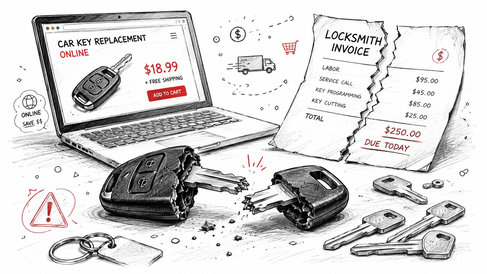 A digital illustration comparing the low cost of online car key replacement versus expensive local locksmith services.