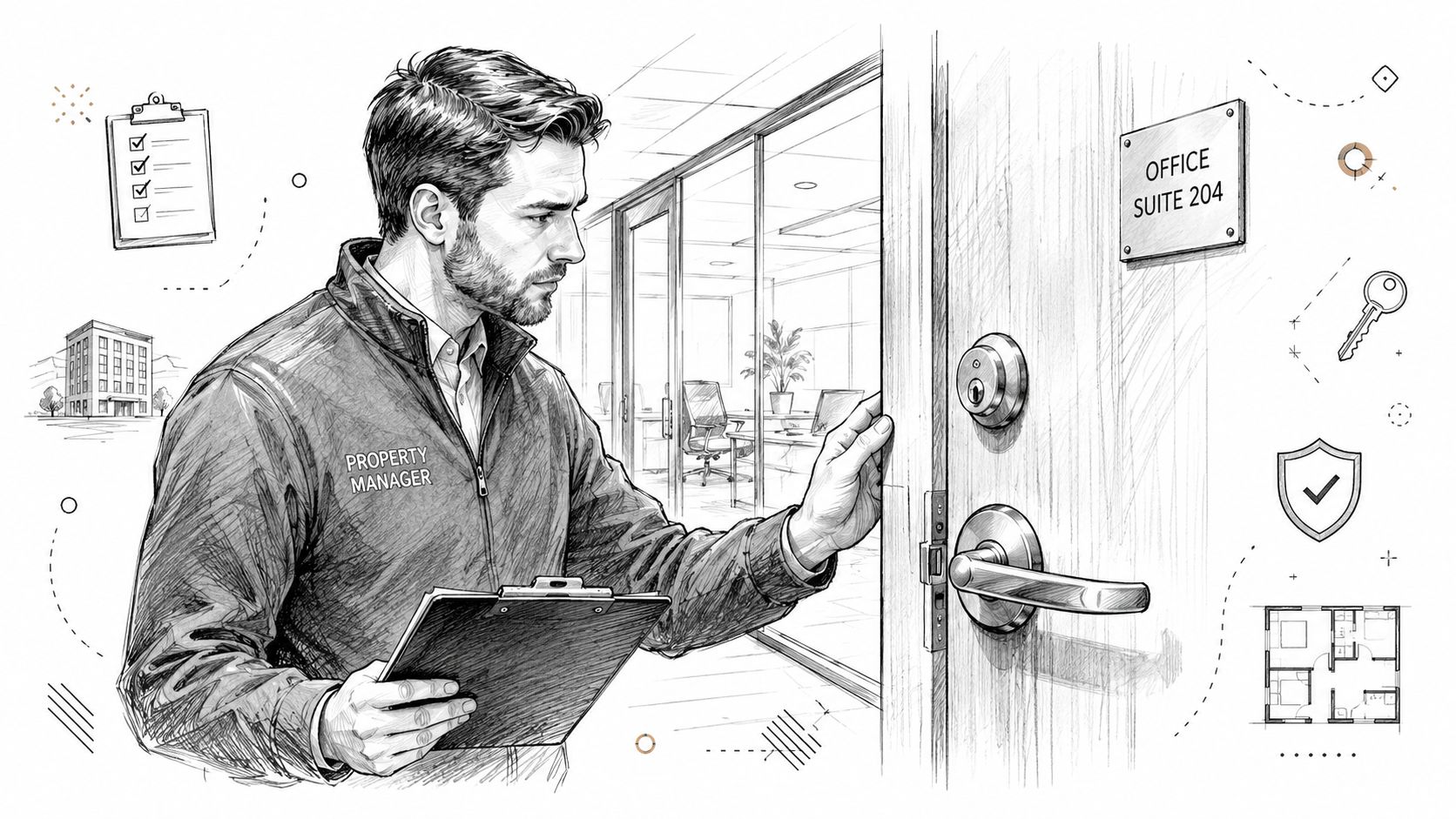 A professional property manager holding a clipboard opening the door to an office suite.