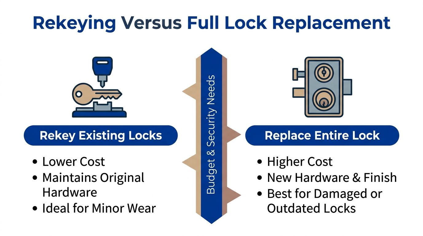 A comparison infographic showing the differences between rekeying existing locks and performing a full lock replacement.