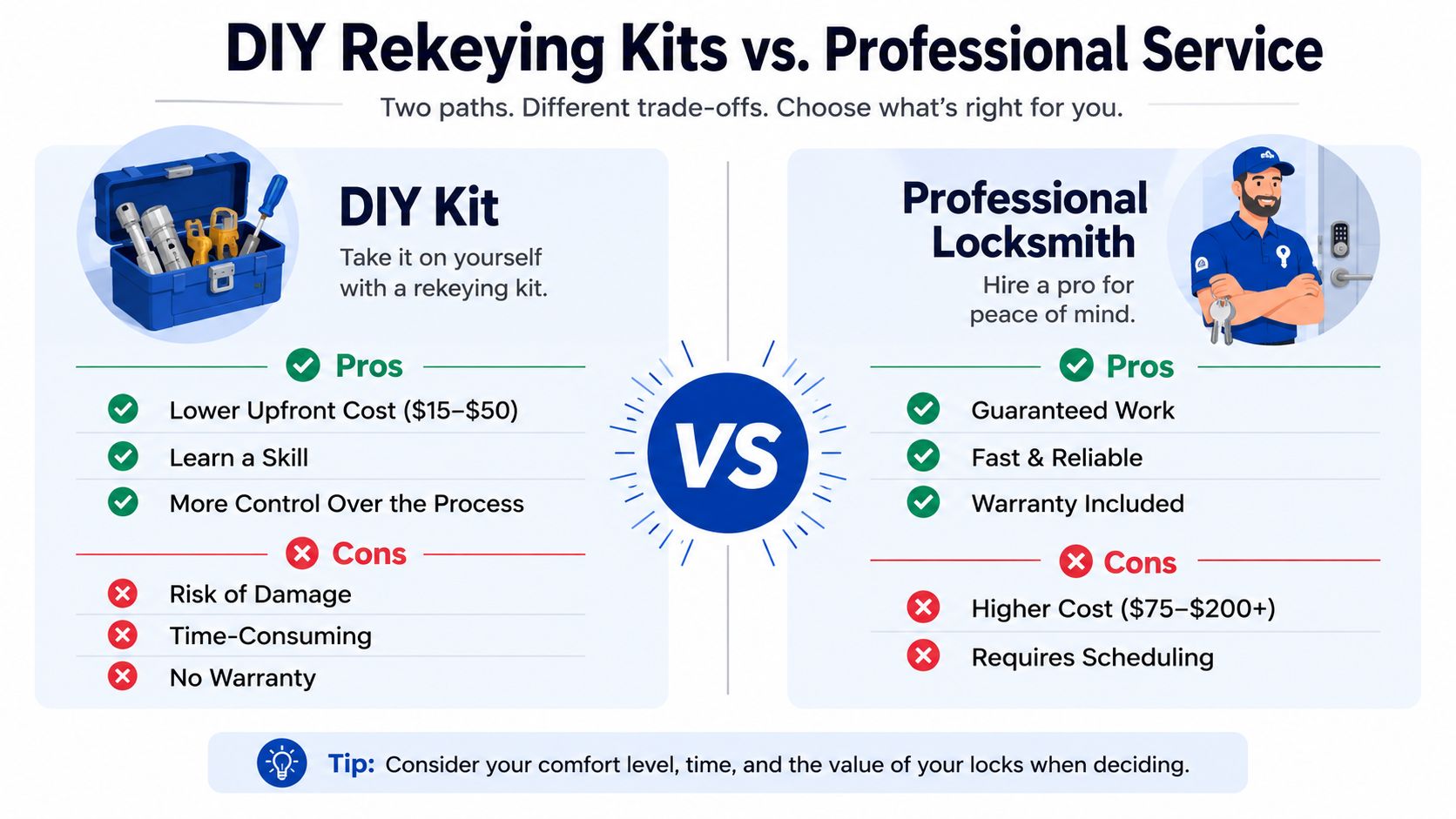 A comparison infographic showing the pros and cons of using a DIY rekeying kit versus hiring a professional locksmith.