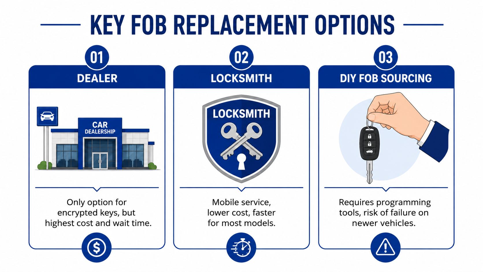 An infographic comparing three options for car key fob replacement: car dealerships, local locksmiths, and DIY sourcing.