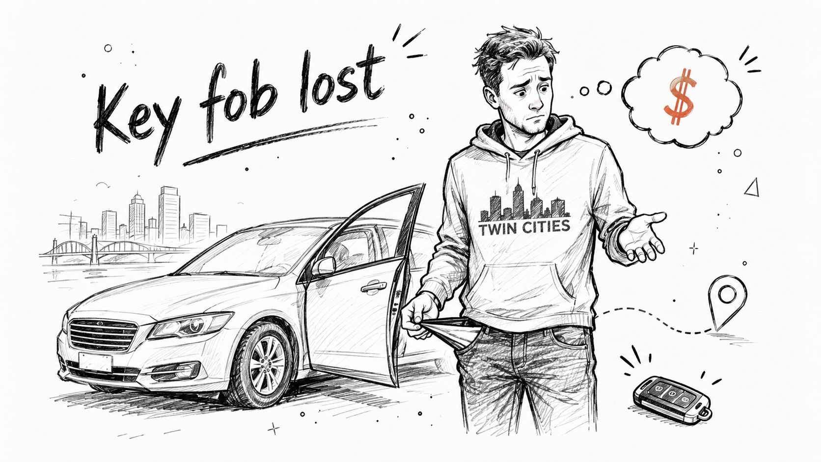 A line-art illustration showing a man with an empty pocket next to his car, symbolizing lost key fob.