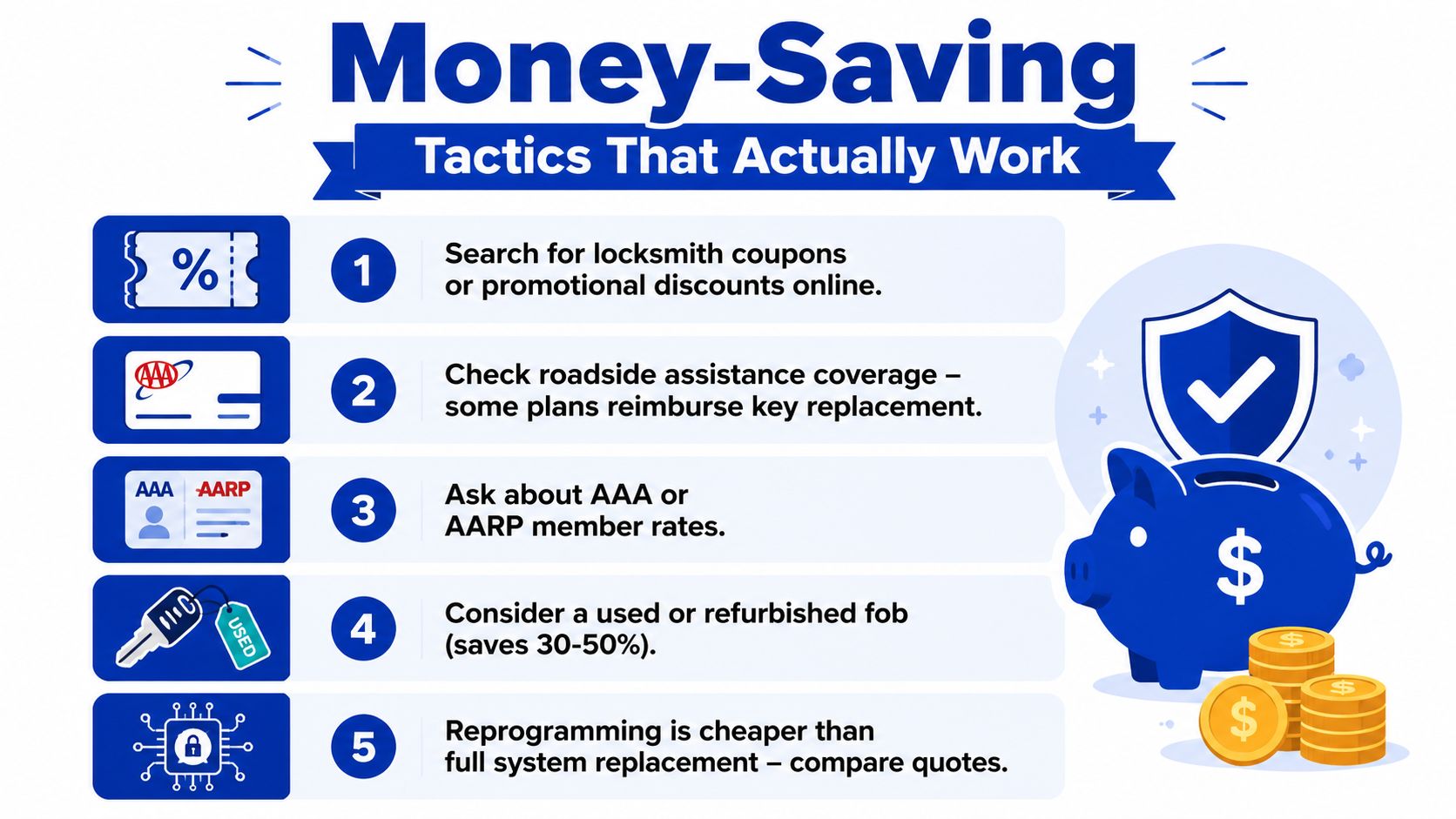 An infographic titled Money-Saving Tactics That Actually Work showing five tips for affordable car key replacement.