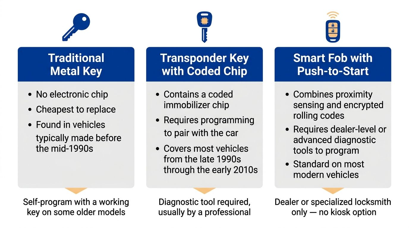 An informative infographic comparing three types of car keys: traditional metal, transponder, and smart fobs.