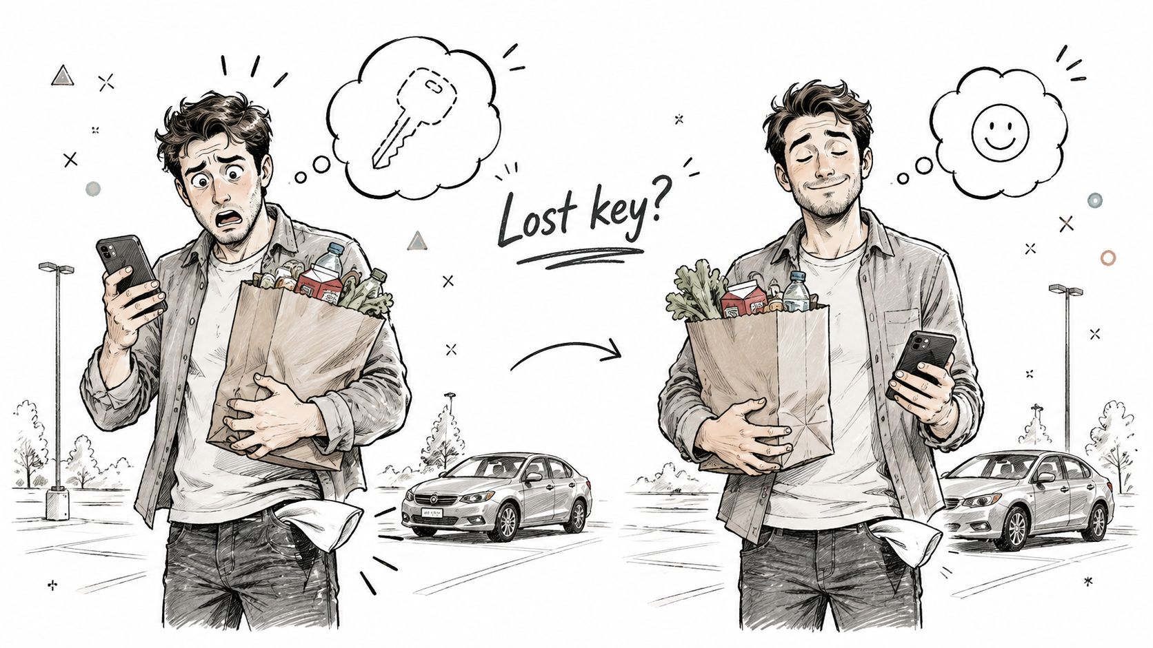 A man in a parking lot using his phone to solve the problem of lost car keys.