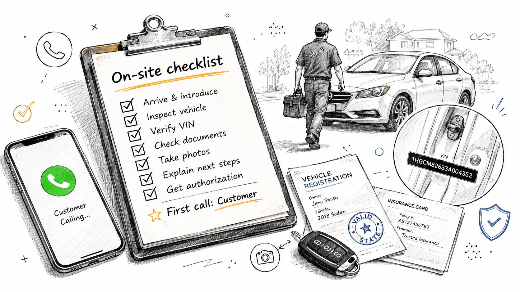 A technician performing an on-site vehicle inspection with a checklist, car keys, and registration documents nearby.