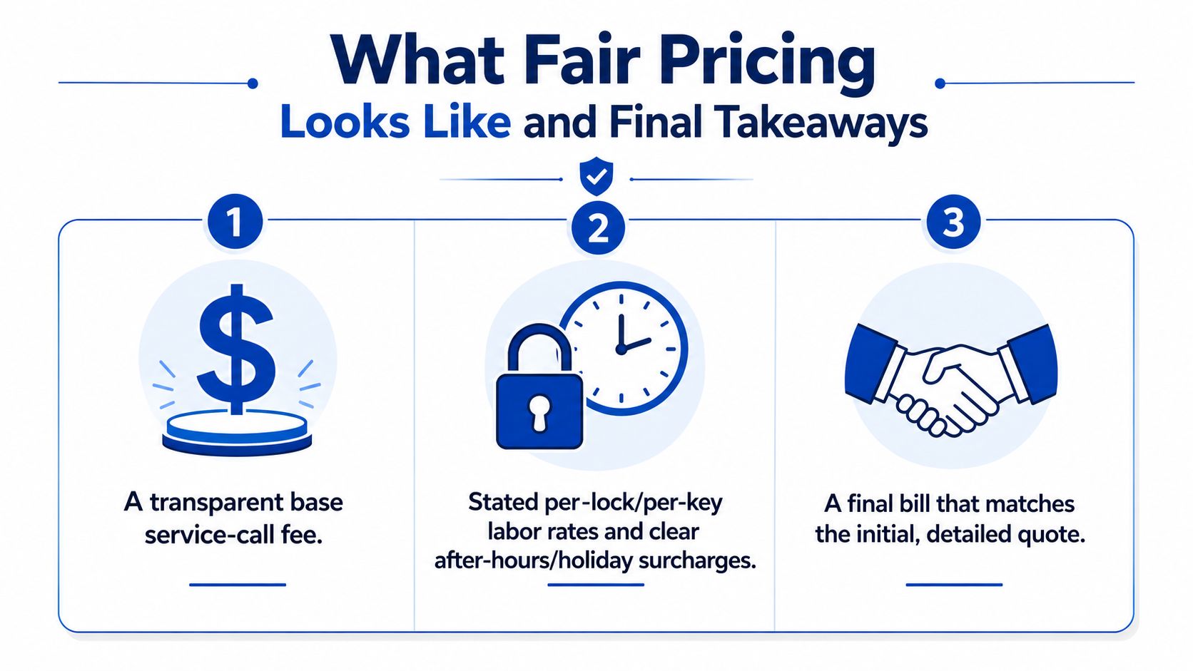 A graphic illustration detailing three key components of fair pricing for professional locksmith services.
