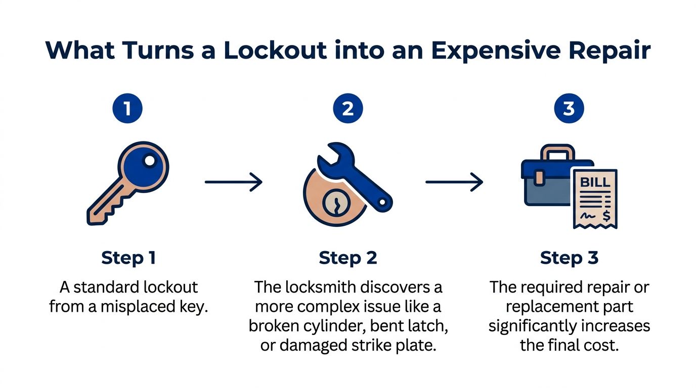 An infographic showing the three steps that turn a simple lockout situation into an expensive repair bill.