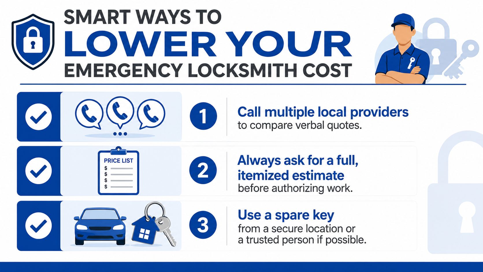 An infographic titled smart ways to lower your emergency locksmith cost featuring three numbered tips with icons.
