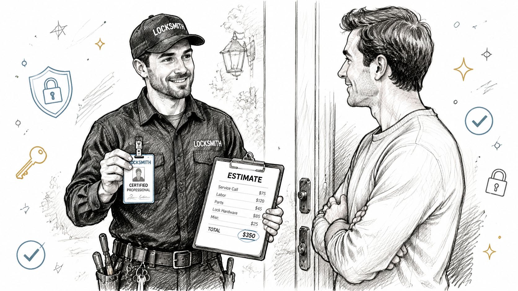 A professional locksmith in uniform presenting a service estimate and identification badge to a homeowner at a door.
