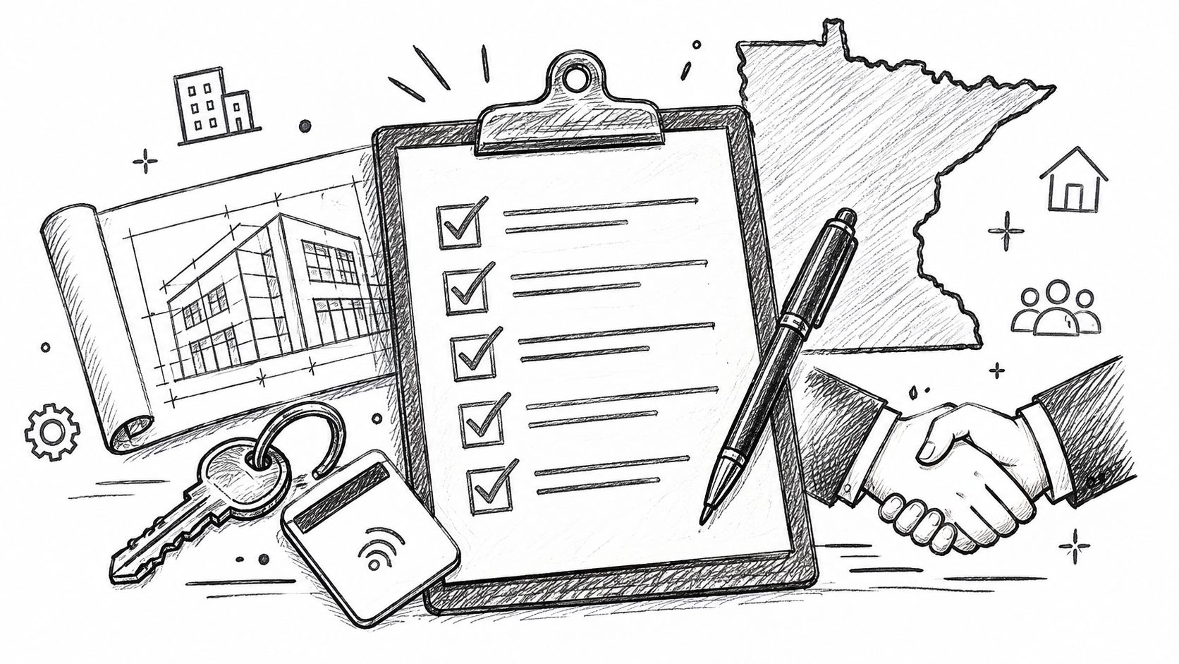 A pencil sketch of a clipboard, keys, architectural plans, and a handshake symbolizing facility access control.