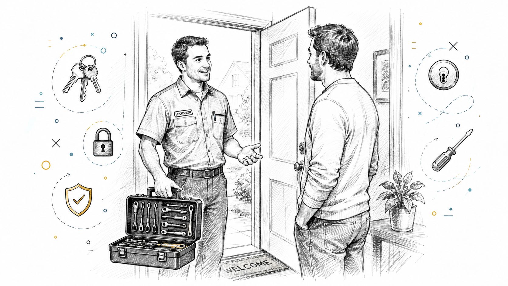 A professional locksmith standing at a residential front door talking to a customer with his toolkit.