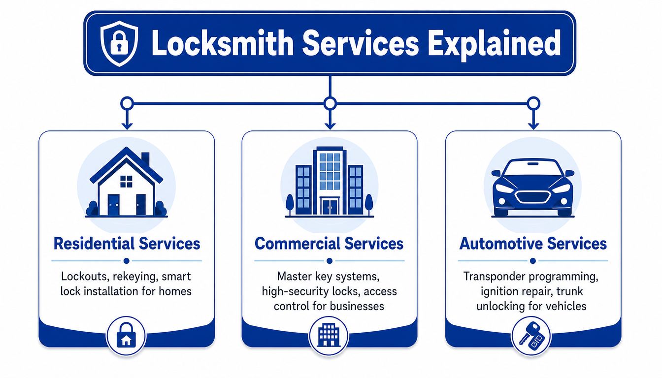 An infographic titled Locksmith Services Explained showing categories for residential, commercial, and automotive locksmith solutions.