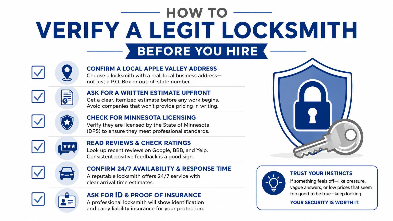 An infographic titled How to Verify a Legit Locksmith in Apple Valley Minnesota with six expert tips.