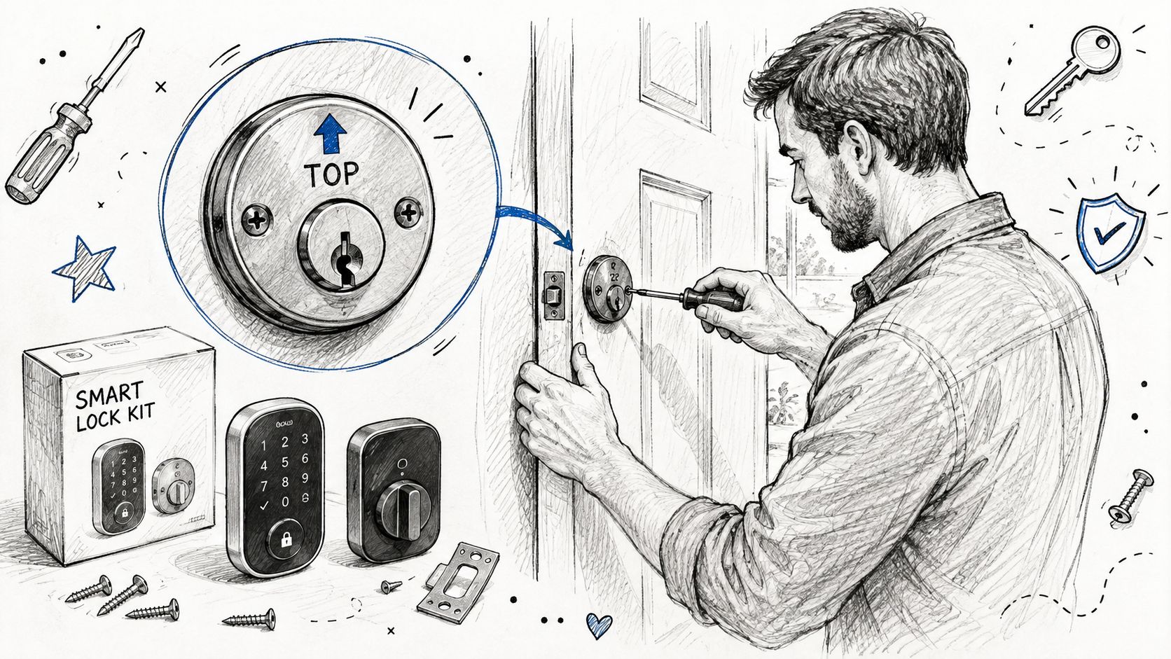 A man carefully installing a new smart lock onto a wooden door with a screwdriver.