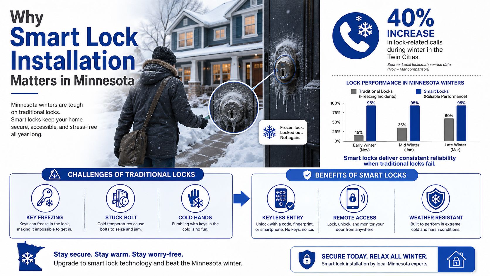 _An infographic showing the benefits of installing smart locks for Minnesota winters versus traditional lock problems._